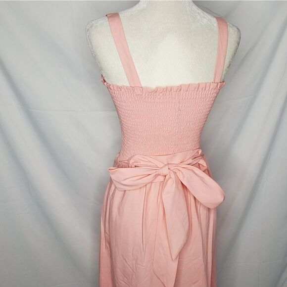 VINTAGE 70s pink dress shirred smocked top convertible midi M - Picture 3 of 14
